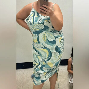 Forever 21 plus green tropical print cinch sleeveless midi dress size 1X